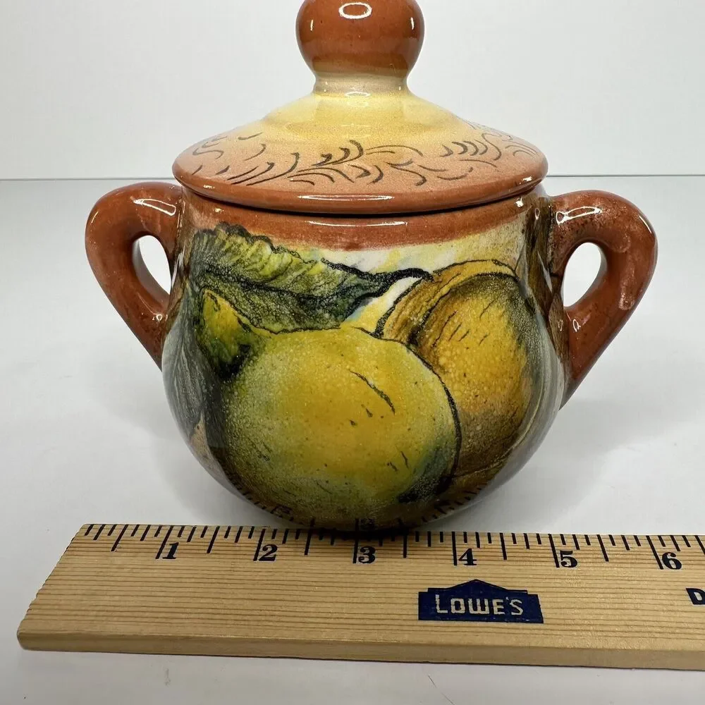 Covered Sugar Bowl‎ Mexico Majolica Venegas Hand Painted Pottery Fruit Pears